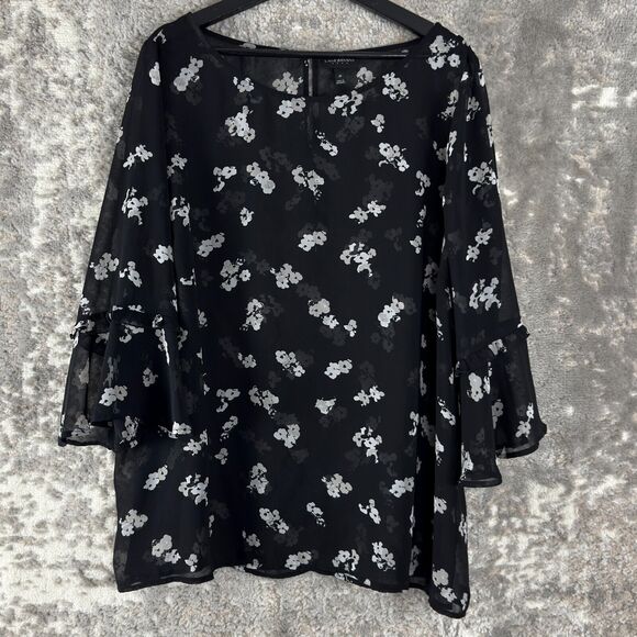 Lane Bryant Plus Size 20 Floral Print Semi Sheer Boat Neck Black Blouse Button - Picture 1 of 10